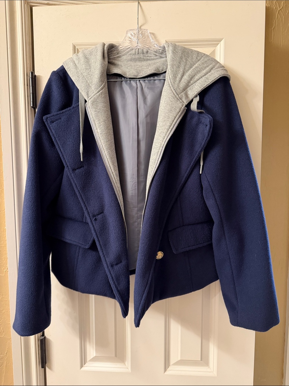 Anthropologie Navy Coat with Grey Hooded Layer